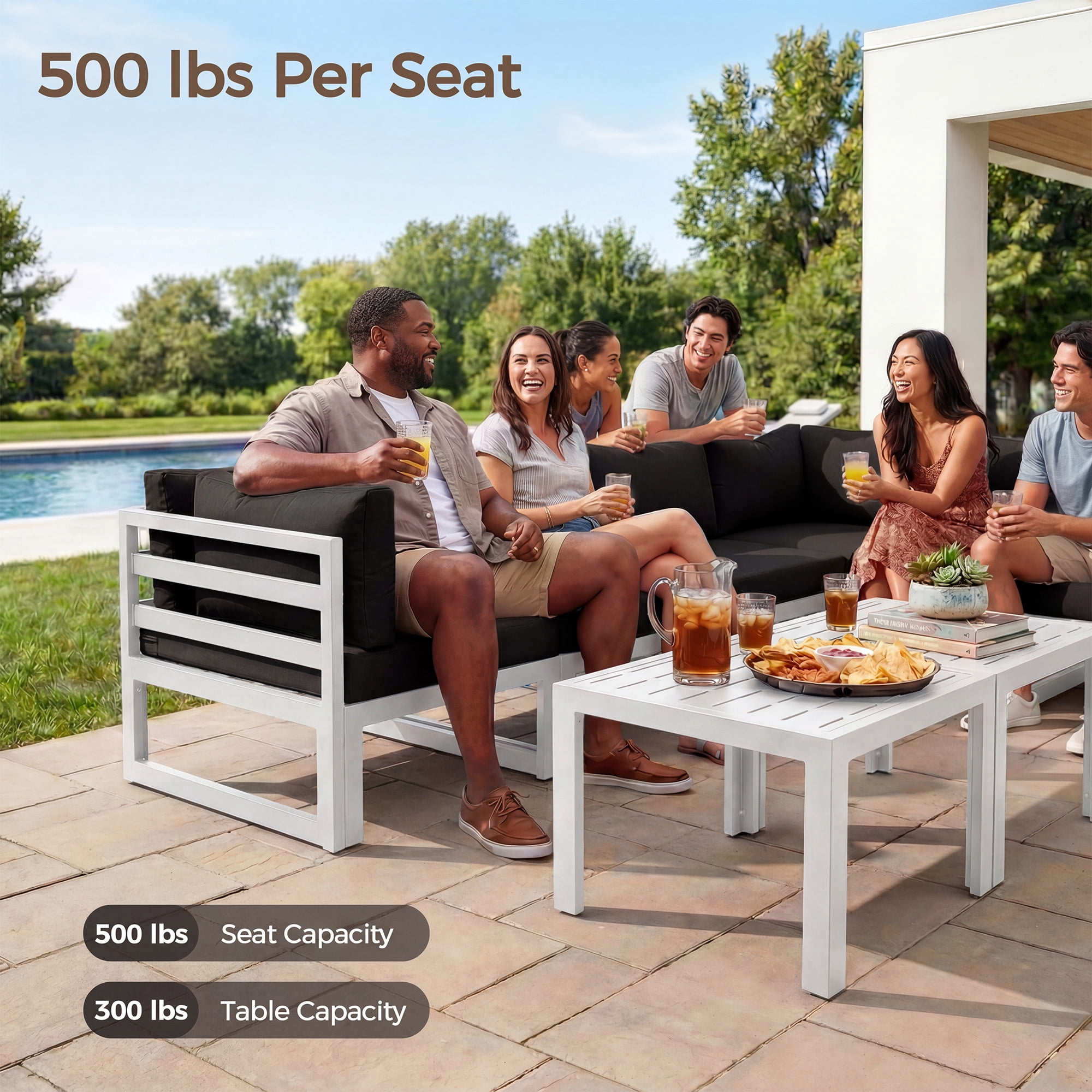 RADIATA Patio Aluminum Furniture Set with Oversized 29" Seats&Coffee Table, 8 Pieces Large Outdoor Modern Sectional Conversation Sofa Set with 4" Cushions for Backyard, Poolside, White&Black