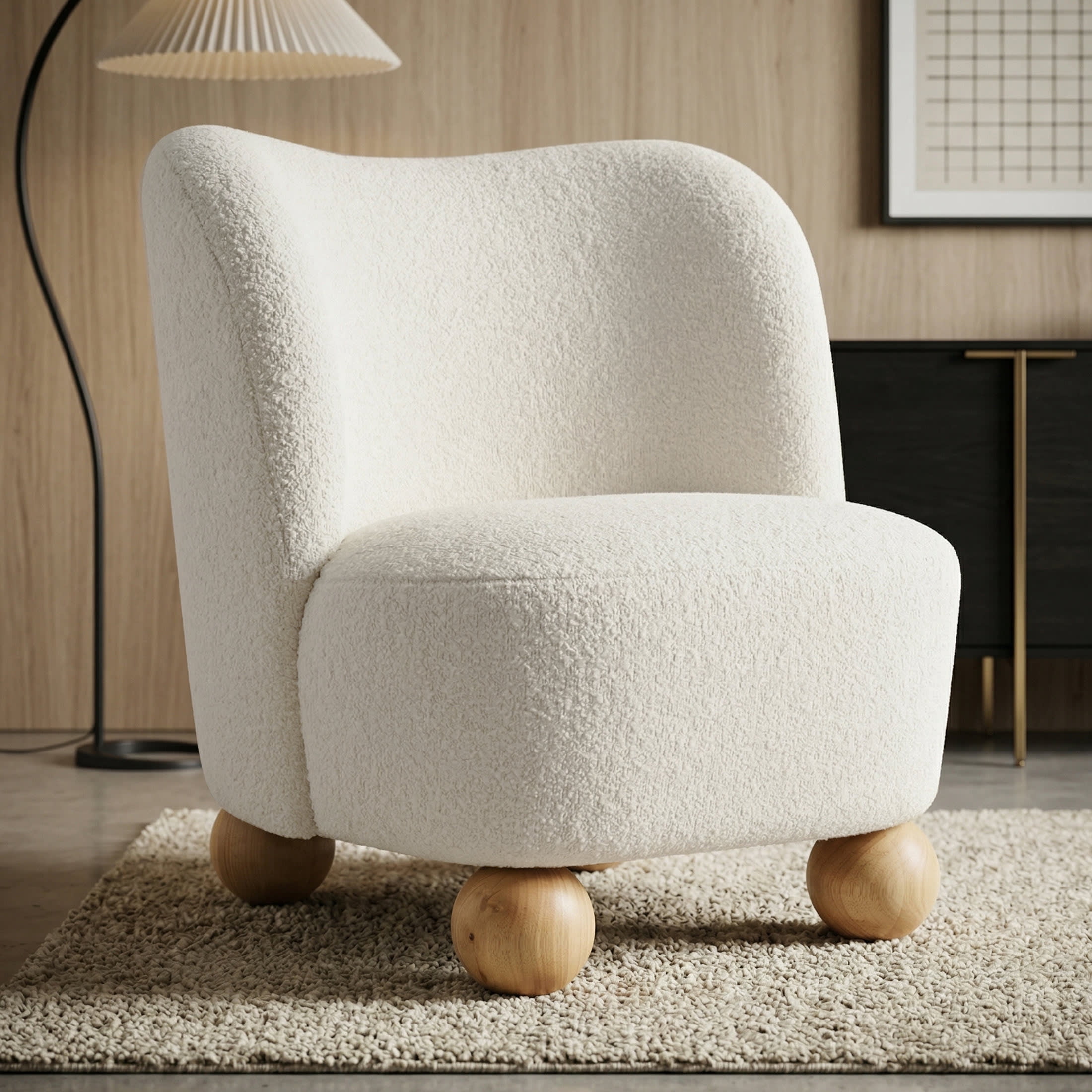 Aenkyo Contemporary Boucle Armless Accent Chair with Sculptural Wood Ball Feet, White