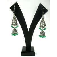 Mogul Dangle Earrings For Women Boho Fashion Jewelry Silver Oxidized Filigree Green