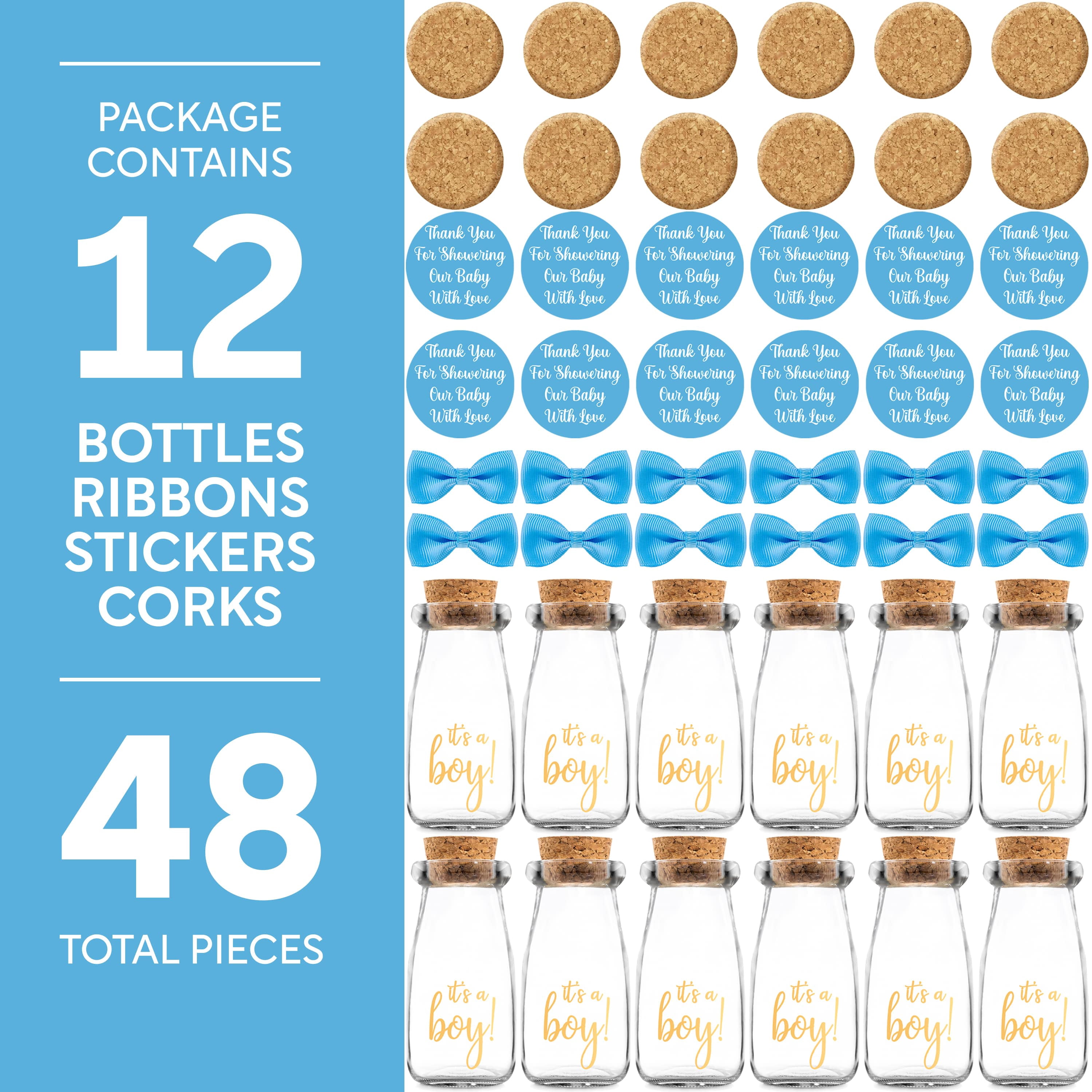 Ethisa 12 Pack It's a Boy Milk Glass Bottles with Ribbons and Stickers - Vintage, Sturdy, Baby Shower Favors for Guests and Table Centerpieces - Boy Baby Shower Decorations - Baby Shower Candy Jar
