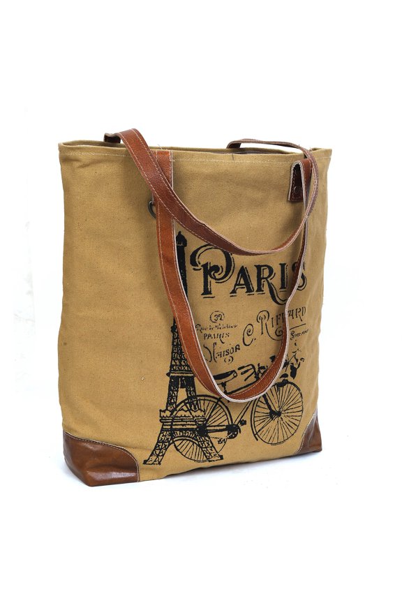 CLA Upcycled Canvas & Leather Handbag 16 Inch Height & Cowhide Tote Bag, Canvas Handbags for women (Khaki)