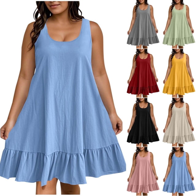 KIHOUT Robes Grande Taille pour Femmes Mode Été Sans Manches Col Rond Robe d'Été Couleur Unie Ourlet à Volants