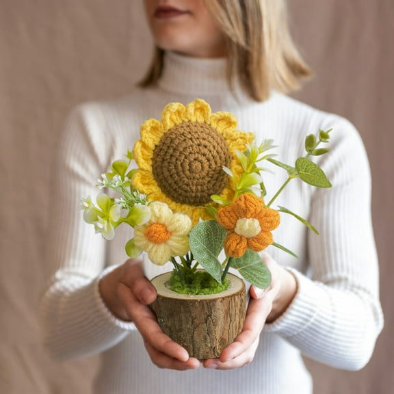 Handmade Knitted Potted Plants Artificial Flowers for Home Decor, Desk Decor, Gift - Lifelike Crochet Floral Arrangement with Green Leaves, No Maintenance, Long Lasting