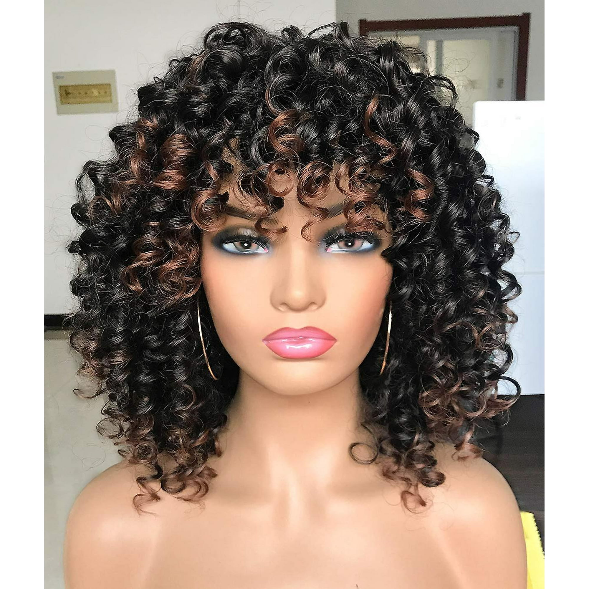 Afro Curly Wigs Black With Warm Brown Highlights Wigs With Bangs For Black Women Natural Looking For Daily Wear (color: T1b/30) | Walmart Canada Afro Curly Wigs Black With Warm Brown Highlights Wigs With Bangs For Black Women Natural Looking For Daily Wear (color: T1b/30) | Walmart Canada