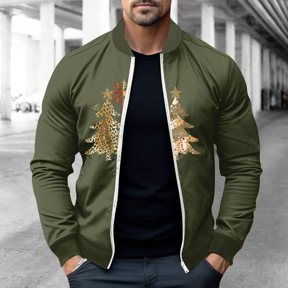 Dihao Christmas Mens Jackets Plus Size Clearance Pullover Sweater Zipper Front Opening Stand Collar Elastic Printed Coats for Men Stand-Up Collar Cardigan