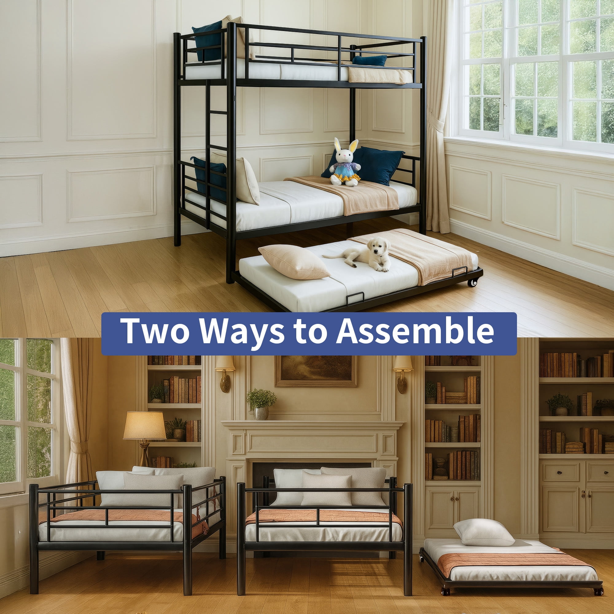 Alvantor Triple Bunk Beds Twin over Twin Bunk Bed with Trundle, Heavy Duty Metal Bed Frame with Guardrail, Divided Into 3 Twin Beds for Boys Girls Kids, Black