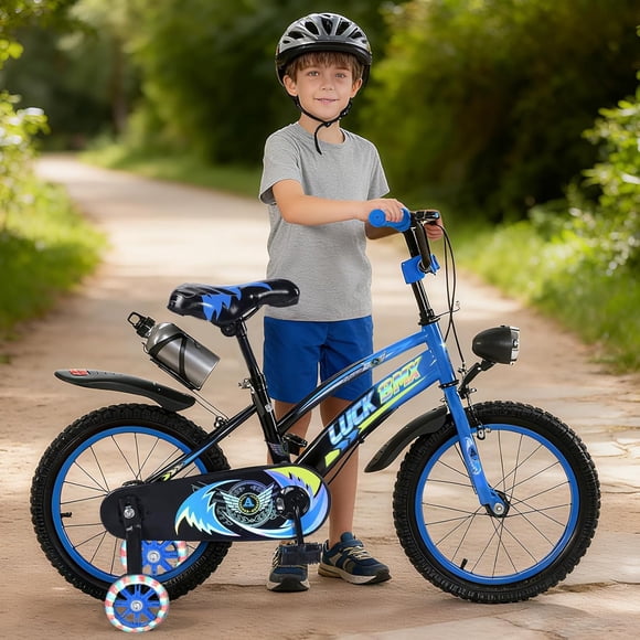Bicicleta para Niños R16, con Adjustable Seat Handbrake, Ruedas de Entrenamiento con Luces, Canasta, Termo, Triciclo de Niños, Bicicleta con 4 Ruedas de 4 a 8 Años (Azul)