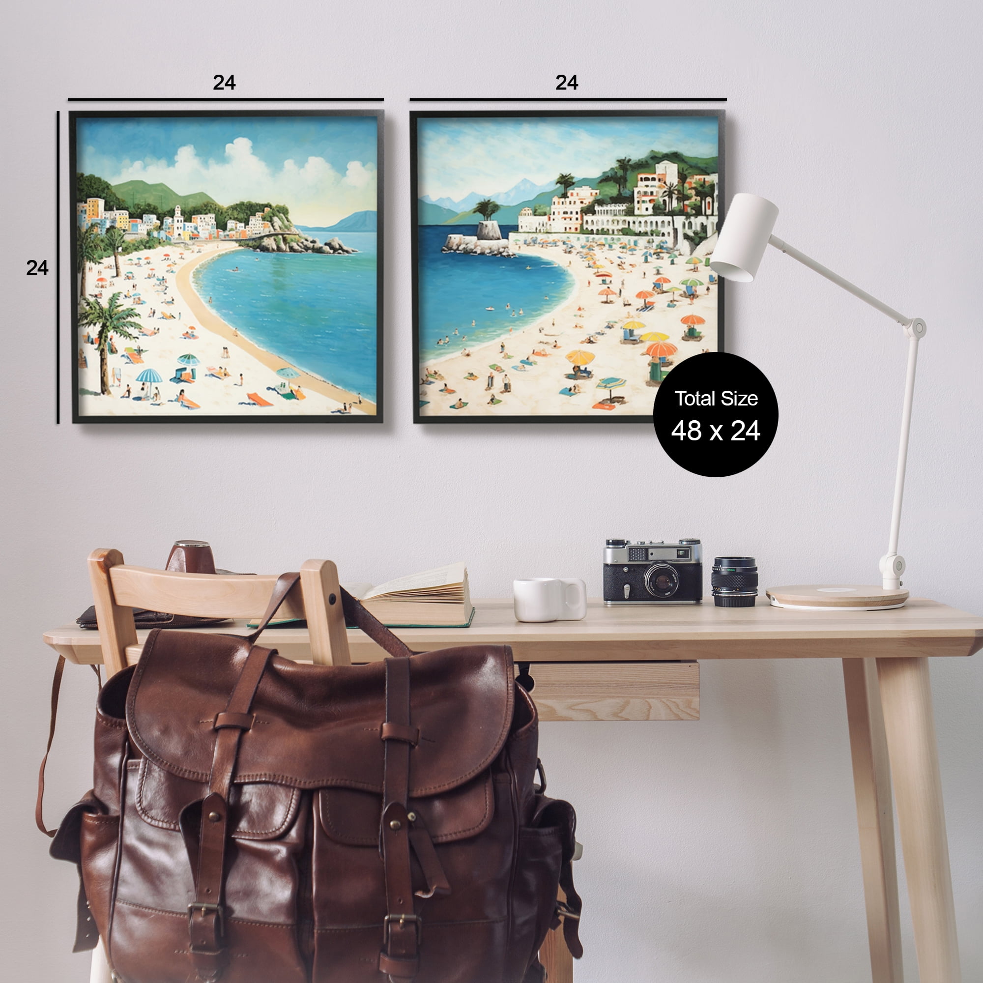 Stupell Industries Beach Goers on Curved Shore Landscape Painting Black Framed Art Print Wall Art, 24 x 24, Set of 2