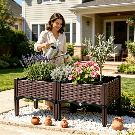 Linkable Raised Garden Bed with Legs, Elevated Woven Plastic Planter Box with Drainage System, Durable Lightweight Multi-Component Pot for Outdoor Flowers Vegetables Herbs