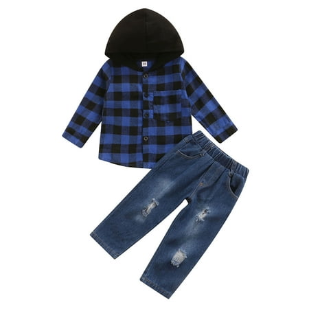 

FOCUSNORM 2pcs Toddler Baby Boys Hooded Plaid BlouseTops+Denim Pants