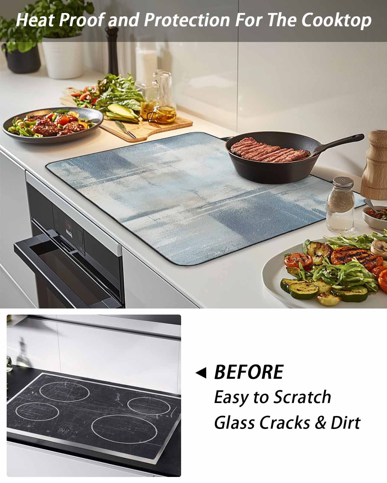 Stove Top Covers for Electric Stove, Blue Beige Glass Stovetop Cover Protector, Oil Painting Abstract Art Contemporary Induction Cooktop Protector Oven Mat for Kitchen Countertop 24"x21"