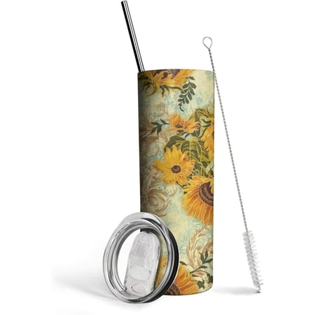 Triple-Insulated Stainless Steel Tumbler Sunflower Print Fabric 20oz Strata Cups with Lid Straw Brush