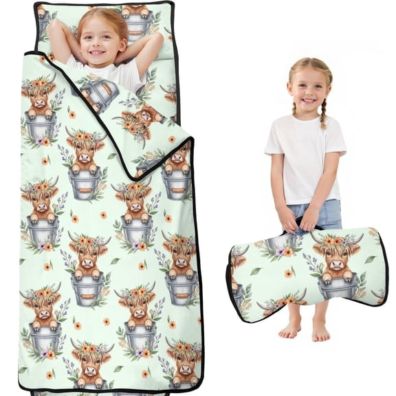 Highland Cow and Bucket Print Teens Toddler Nap Mat with Pillow, Sleeping Mat Bag for Preschool Daycare 59"x22"