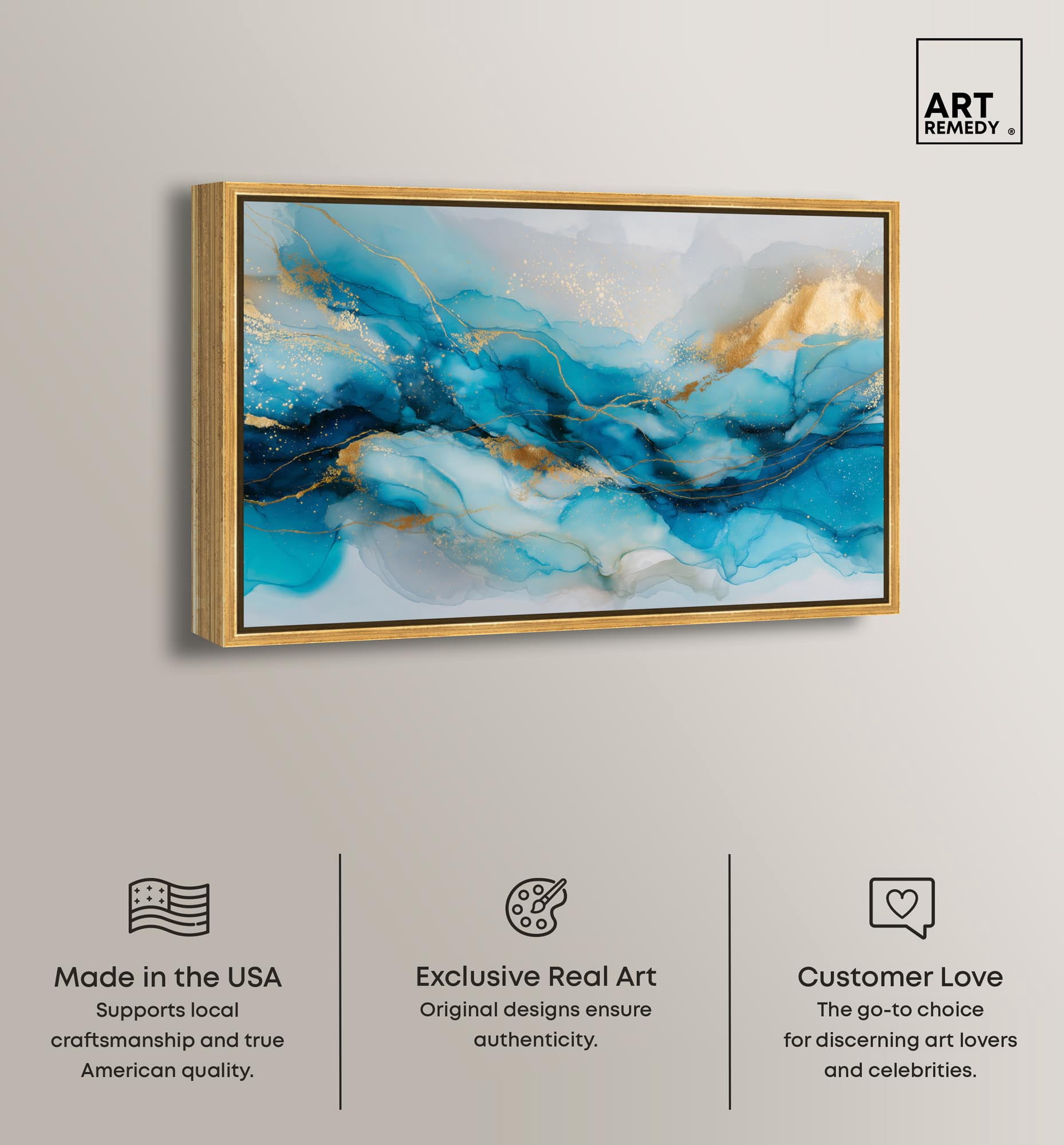 Ethereal Blue and Gold Canvas Abstract Wall Art by Art Remedy, Gold Frame, 30 x 20