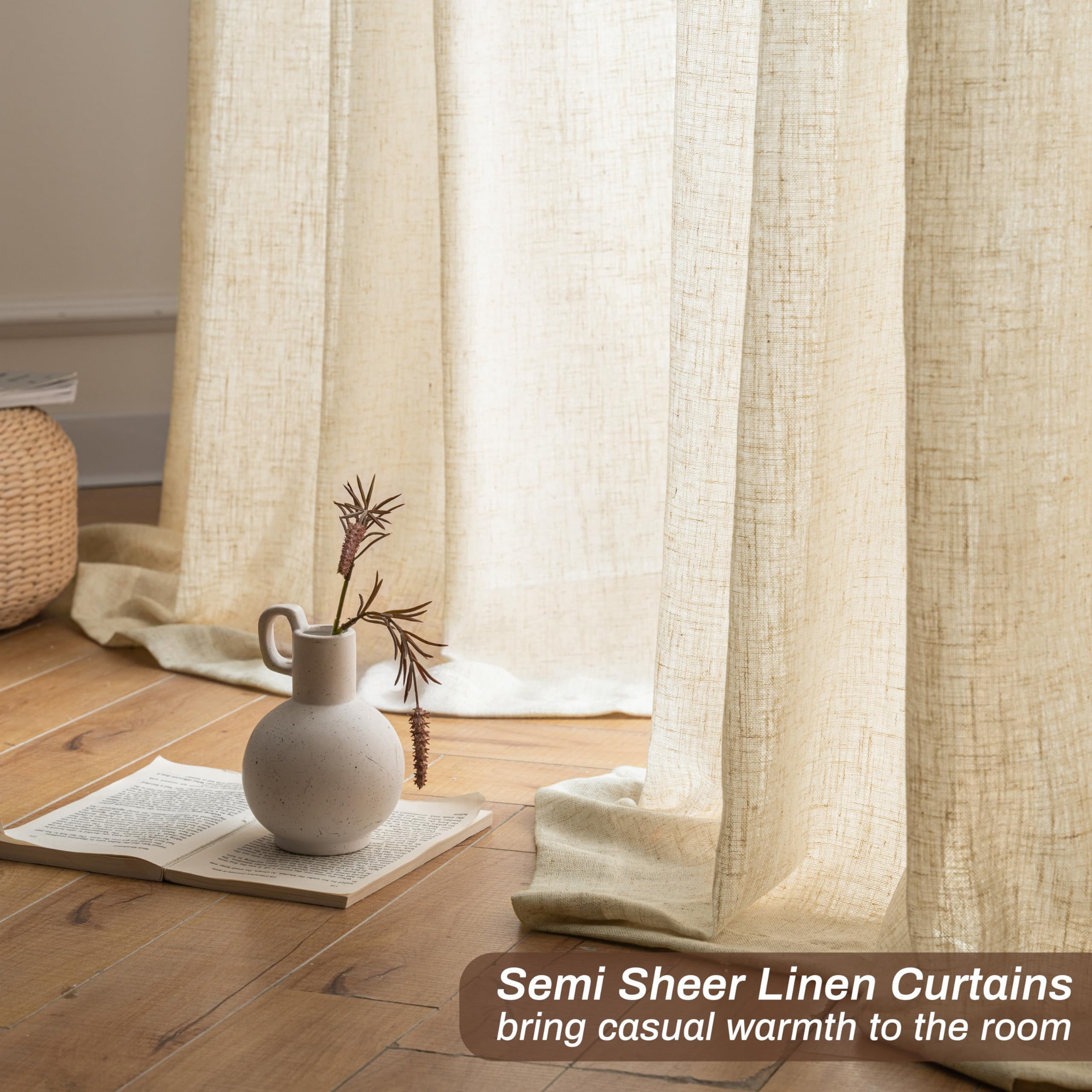 DriftAway Natural Linen Curtains 54 Inches Long for Living Room Semi Sheer 2 Panels Farmhouse Real Flax 3 Inch Rod Pocket Back Tab Boho Rustic Light Filtering Window Drapes for Bedroom
