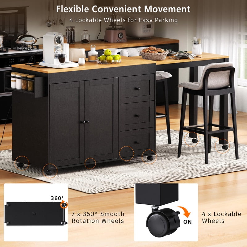 2-In-1 Kitchen Island with Extendable Dining Table, Kitchen Storage Serving Cart with Drawers, Racks & Power Outlet