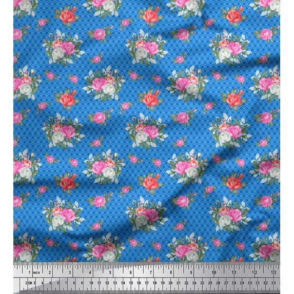 Soimoi Cotton Poplin Fabric Ogee Damask,Leaves & Rose Floral Printed Craft Fabric by the Yard 56 Inch Wide