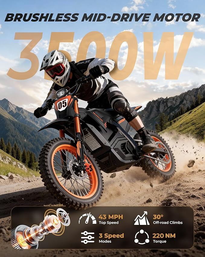 Electric Dirt Bike, 3500W, 42MPH & 50 Miles, 48V/23.5AH Removable Battery, 14"/12" Tire, Hydraulic Brakes & Full Suspension, Mountain Off-Road E Dirt Bike