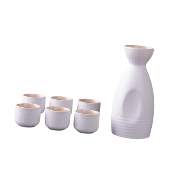 Fancyes Ceramic Sake Set Cups,Porcelain Pottery Decor,1 Bottle 6 Cup for Hot or Iced Sake,Drinkware Cup Set for Kitchen Cupboard Round Sake pot