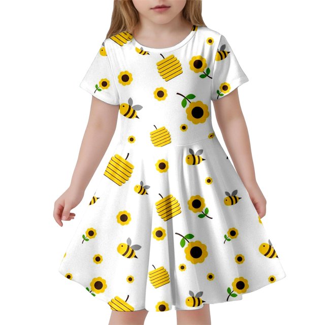 Toimothcn Robe pour Filles Tout-Petits Manches Courtes Mignonne Abeille Dessin Animé Imprimé Floral Robe Douce Ample Fête Princesse Adaptée pour Usage Quotidien
