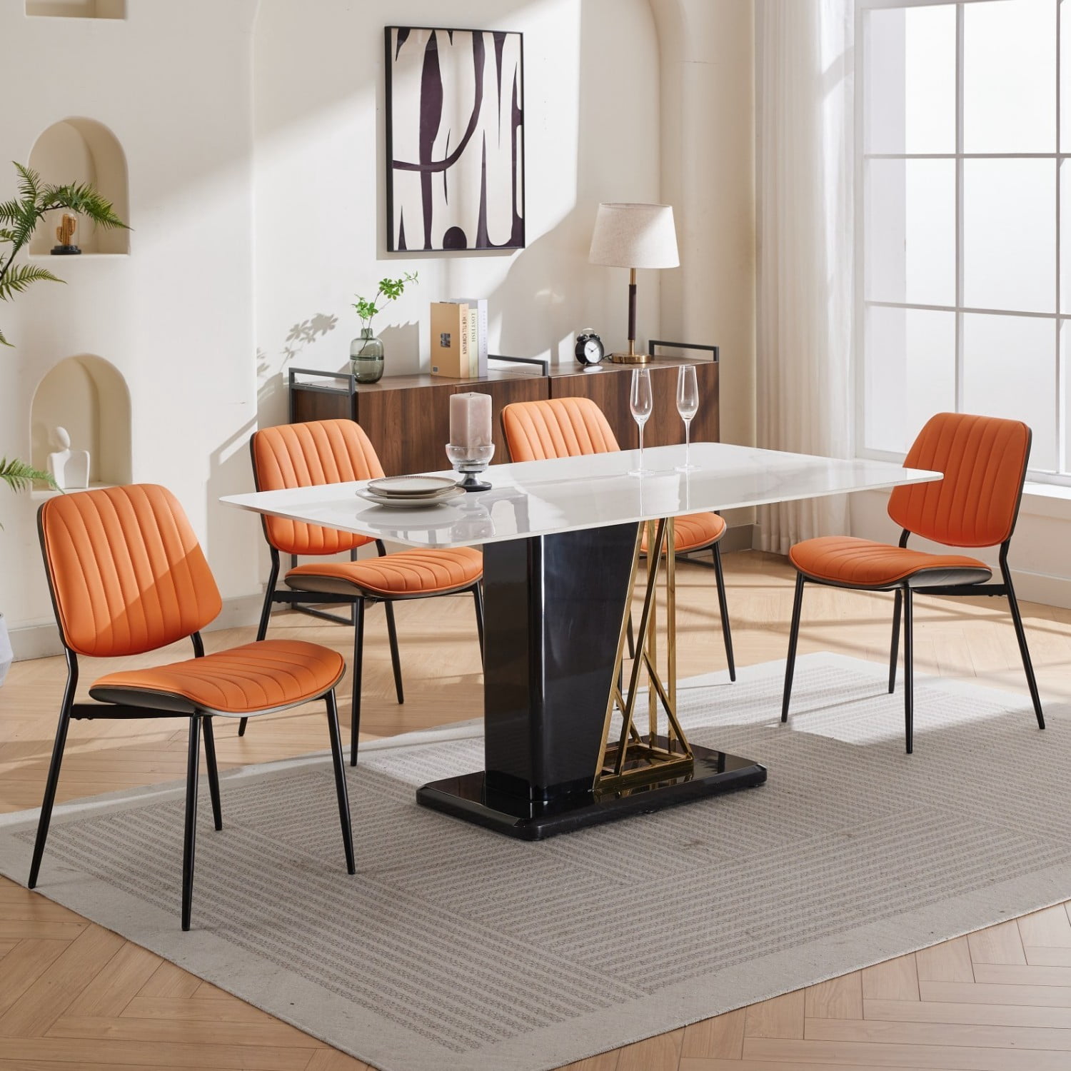 Dining Chairs Set of 2 Mid Century Modern Retro Faux Leather Chairs with Walnut Bentwood Back Upholstered Seat Metal Legs Adjustable Foot Pads Kitchen Dining Room Chairs, Orange