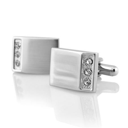 18k Gemstone Cufflinks - New Classic Men`s Wedding Party High Quality Smooth Cufflinks Square Cuff Links - Silver Rectangle with 3 Jewels
