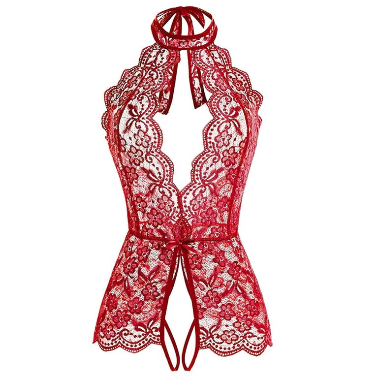 adviicd Push Up Lingerie For Women Women's Lace Bodysuit Teddy Lingerie  Deep V Floral One Piece Lingerie Red XL 