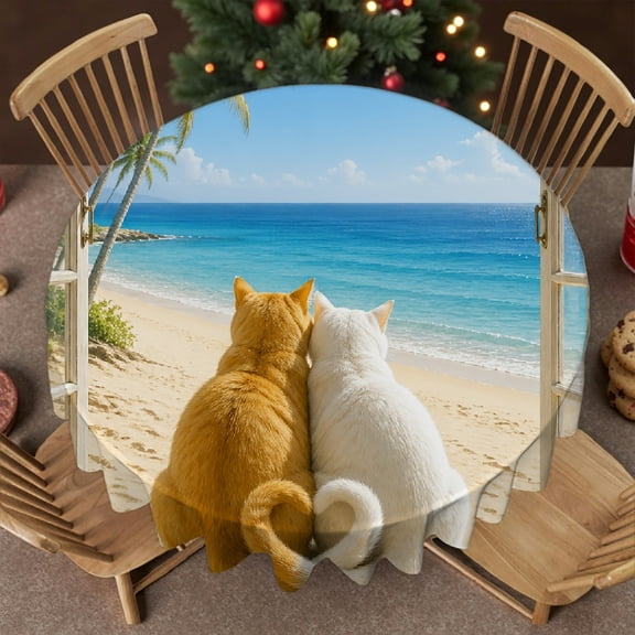 RKSupls 60 Inch Cats Beach Window Ocean Round Tablecloth, Kitchen Accessories - Polyester Tablecloths Polyester Table Cover , Wedding, Party, Holiday, Home Dining