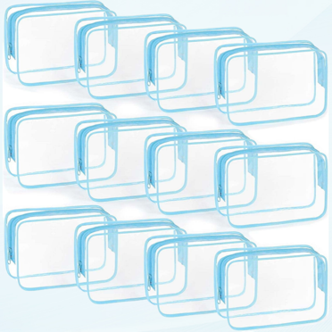 12 PCS Clear Toiletry Bag for Women Men, Transparent Cosmetic Bag for Travel Makeup OrganizerPouch - Blue,Medium
