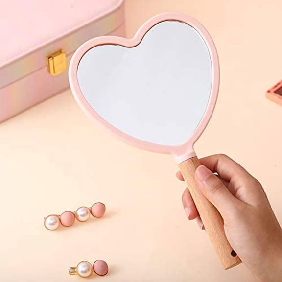 Heart-Shaped Mirror Handheld Mirror with Handle, for Vanity Makeup Home Salon Travel Use (Heart-Shaped, Pink)