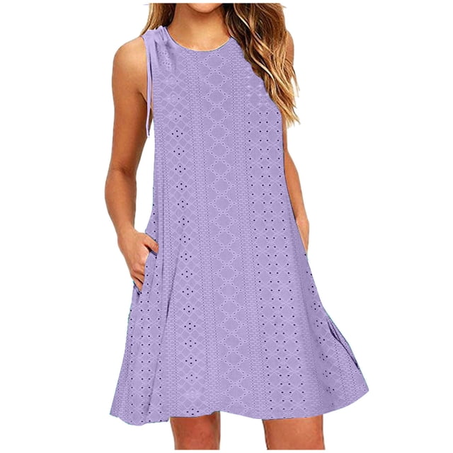 FAIWAD Robe Débardeur d'Été à Oeillets pour Femmes Sans Manches à Cordon, Fluide, Robe de Plage Décontractée, Mini-Robe de Plage