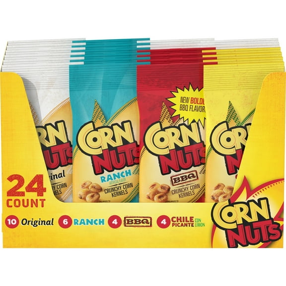 Corn Nuts Original, Ranch, BBQ & Chile Picante Con Limon Crunchy Corn Kernels Variety Pack, 24 ct Box, 1.7 oz Packs