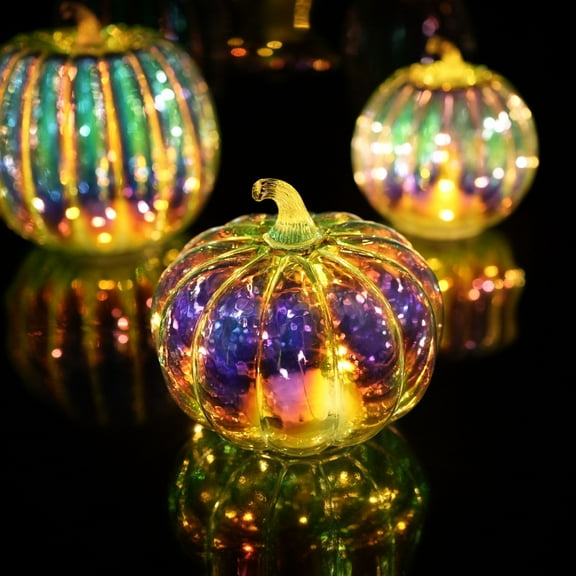 Illuminated Starry Night Glass Pumpkins, Twinkle Light Up Home Decor for Fall Thanksgiving , Battery Operated,A,7in*6in,Halloween Decoration