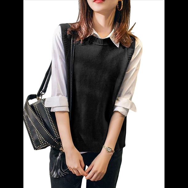 Suéter Sin Mangas de Cuello Redondo para Mujer, Jersey de Punto Acanalado, Chaleco Negro L