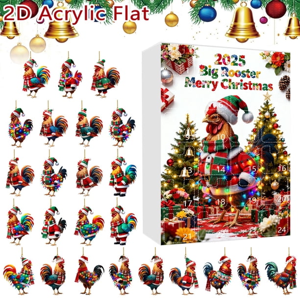 Calendario de cuenta regresiva para Navidad 2025 con gallo | Calendario de Adviento de 24 días con adorno colgante plano de acrílico | Decoración festiva conmemorativa para pared o árbol