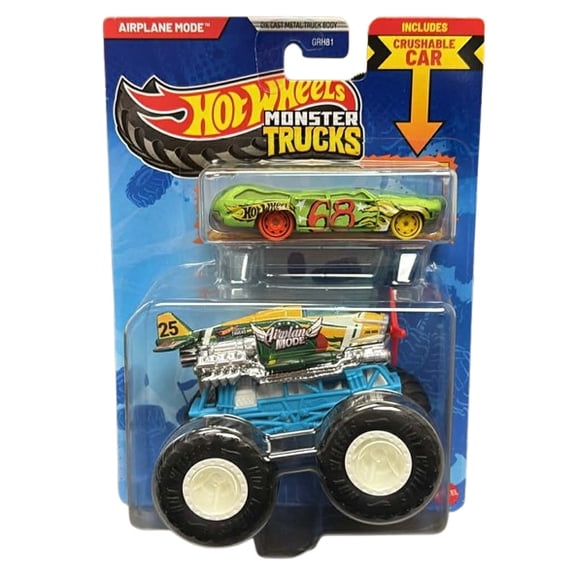 Mattel - Hot Wheels Monster Truck & Car - AIRPLANE MODE & CRUSHED WAGON - FLAT IRON [JJT53]