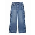thumbnail image 1 of Jean à Jambe Grand Taille Haute à Jambe Droite pour Femme avec Rivets Latéraux, Jean de Fête à la Mode et Polyvalent Bleu TP, 1 of 9