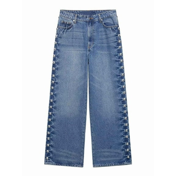 Women'S Wide-Leg High-Waist Straight-Leg Jeans with Side Rivet Fashionable and Versatile Party Jeans Blue XS