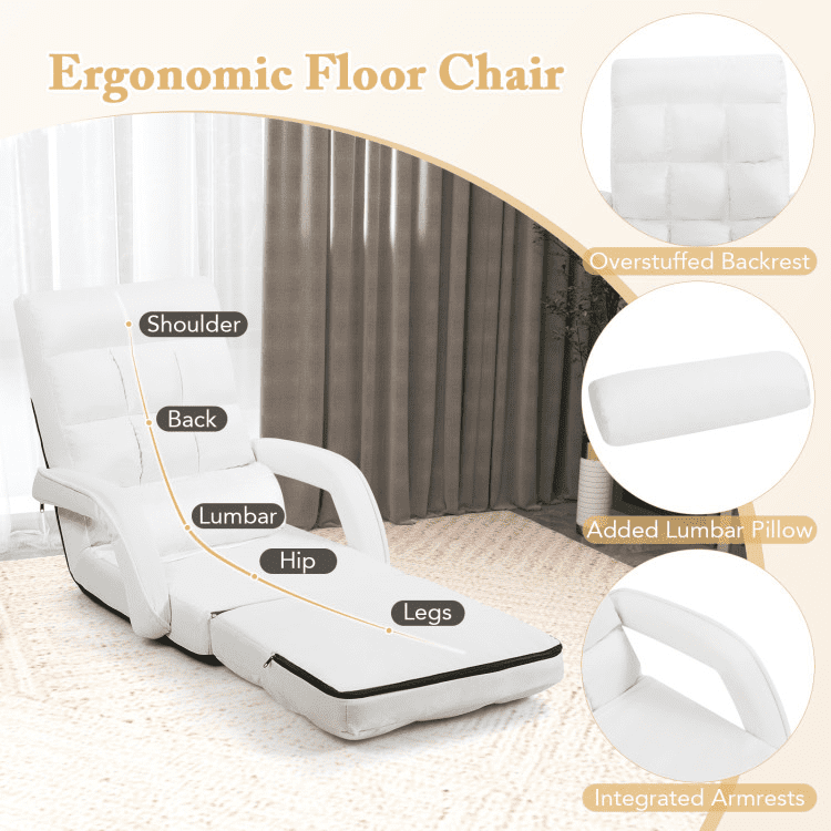 Barara King Folding Lazy Floor Chair with Armrests and Pillow, Recliner Chair Sofa with Adjustable Feature, Single Recliner for Bedroom, Living Room, Home Office, White