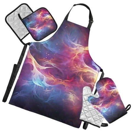 Light Blue Red Tie Dye 5 Pcs Kitchen Set Heat Resistant Oven Mitts and Non-Slip Pot Holders with Adjustable Cooking Apron