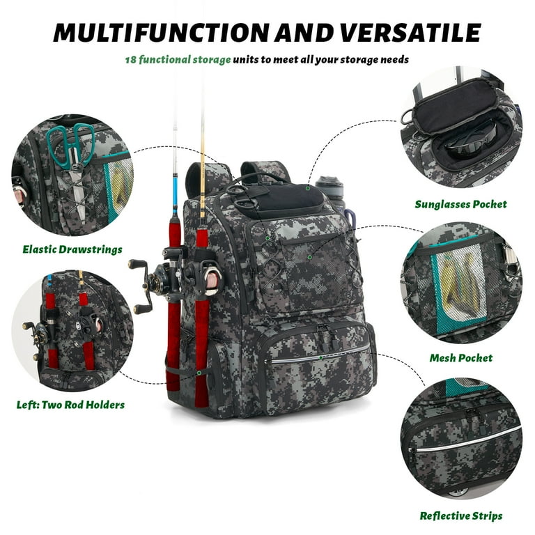 Fishing Backpack With Rod Holder 48L Large Fishing Tackle Backpack With Rod  Holders & Rain Cover - Ultimate Angler Gear Bag Tackle Box Backpack