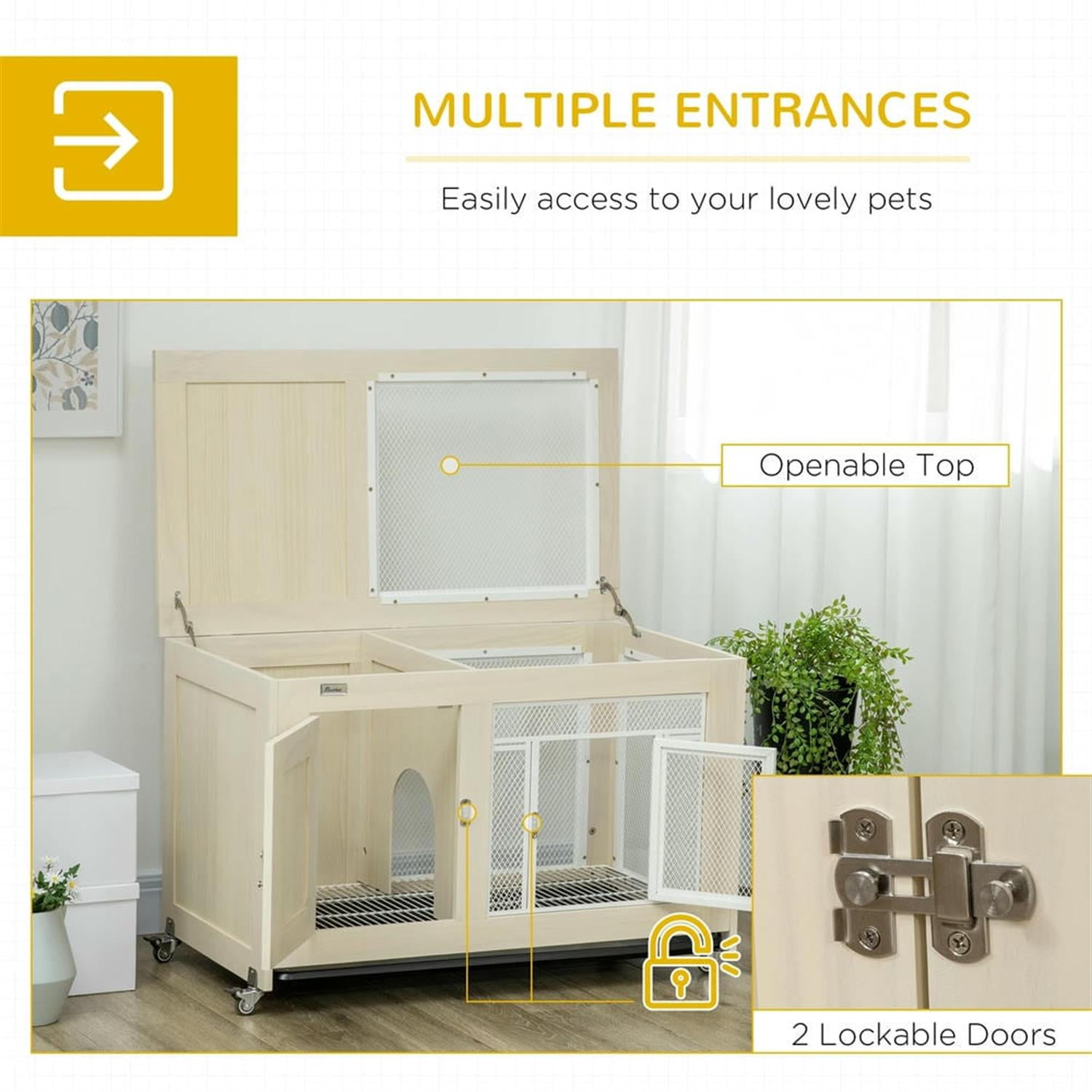Kadyn 37" Indoor Wooden Rabbit Hutch with Openable Roof, Removable Tray and Wheels, Outdoor Bunny Cage for Bunnies, Guinea Pigs, Beige