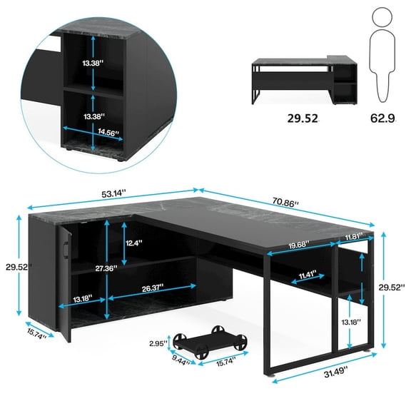 KIOOTTO 71" L-Shaped Executive Desk with Storage Cabinet & Printer Stand, Large Industrial Home Office Computer Desk with CPU Stand, Black