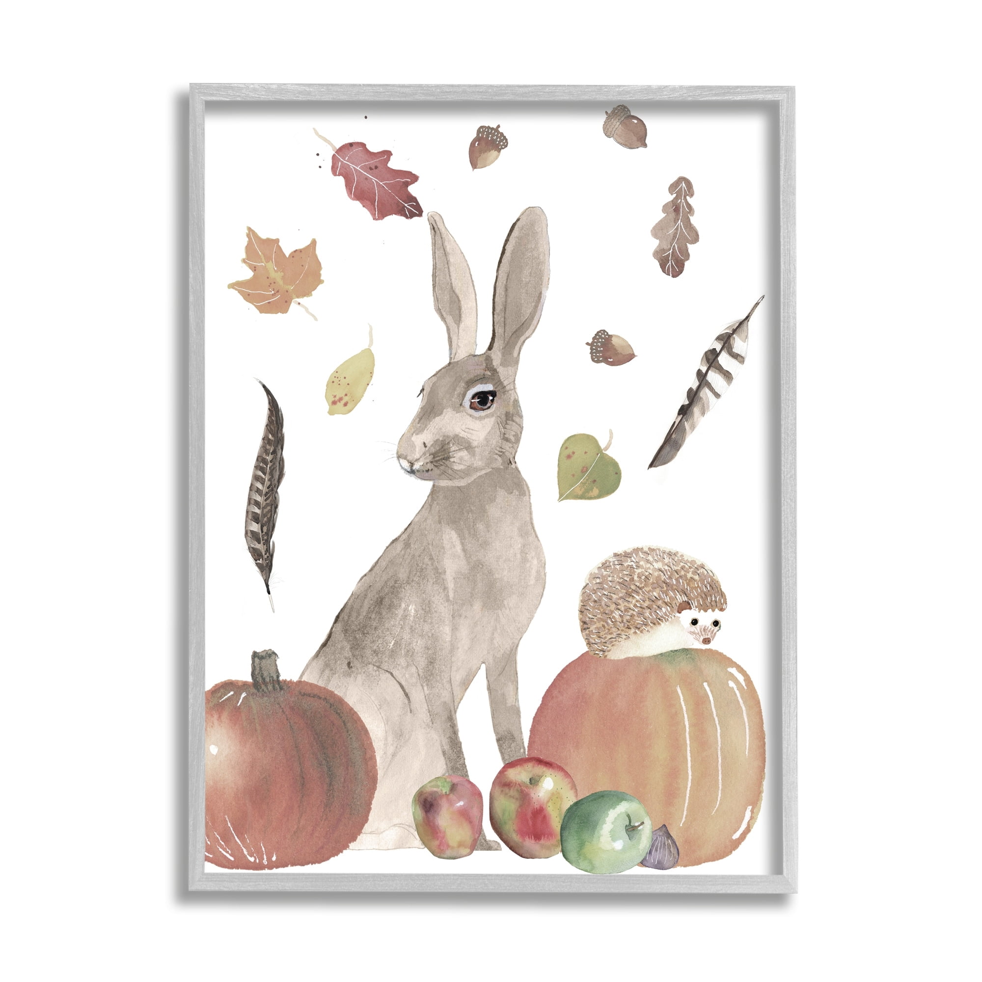 Stupell Industries Autumn Season Rabbit and Hedgehog Pumpkin Foliage Graphic Art Gray Framed Art Print Wall Art, 24x30, by Alicia Longley