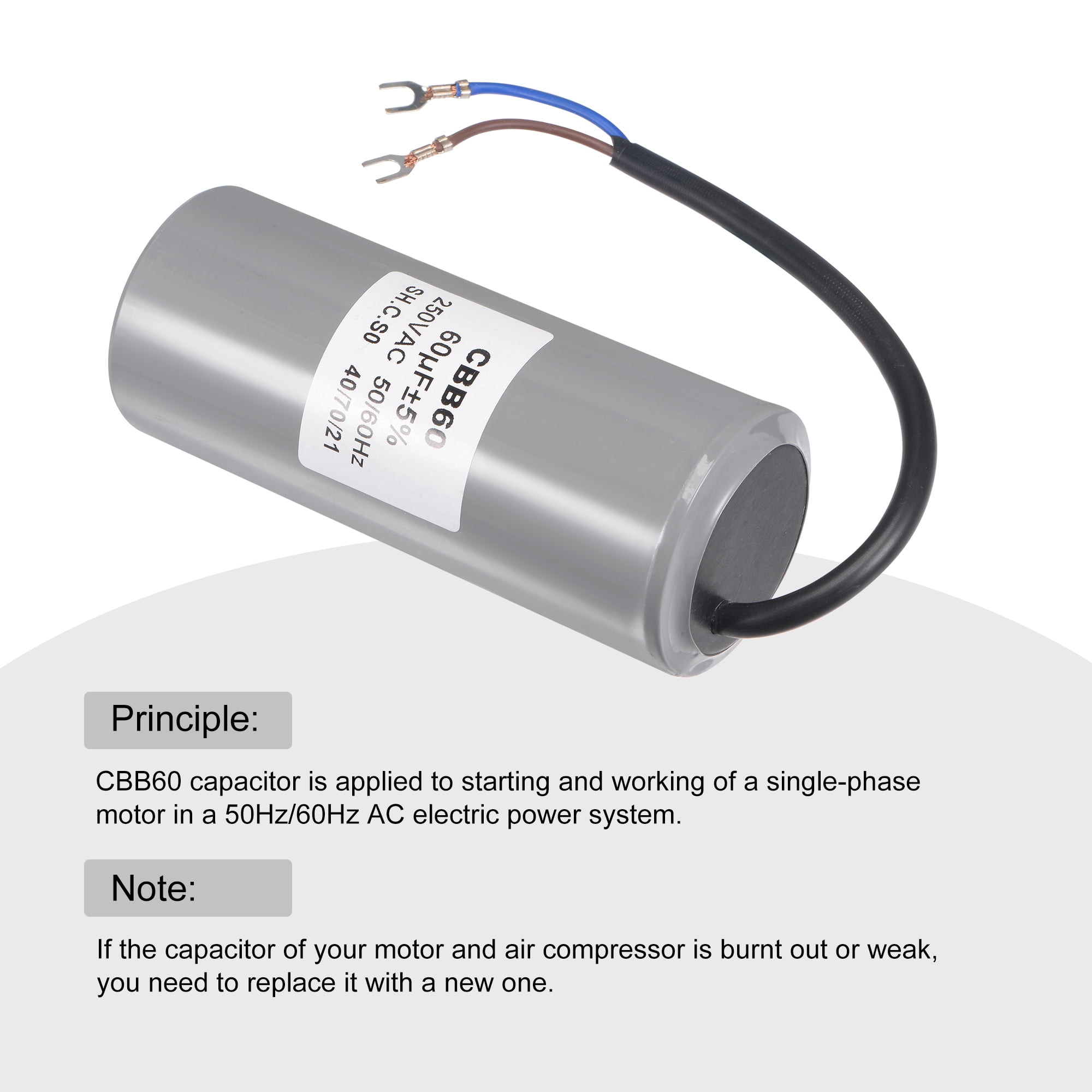 Uxcell 124x50mm 60uF 250V AC 50/60Hz 2 Wires with Terminal CBB60 Run Capacitor