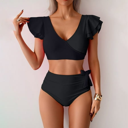 OSFVNOXV Cheeky Bikini Sets for Women Summer 2025 Ruffle Hem Tank Color Blocked Tube Tops Soft Padded Bra V-Neck High Waisted Hipster Brief Clearance