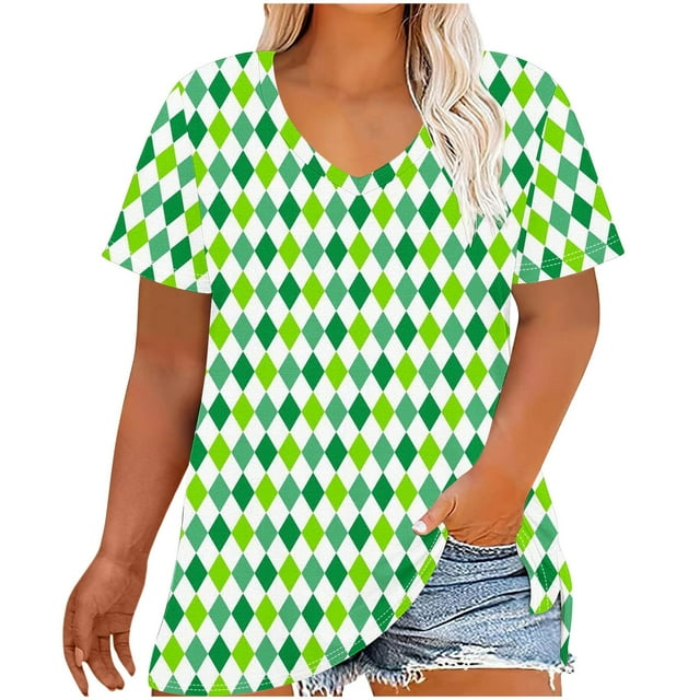 Tamaño Más Manga Corta Tops para la Impresión de Cuello en V de las Mujeres, Color Sólido Base de Verano Blusa Casual