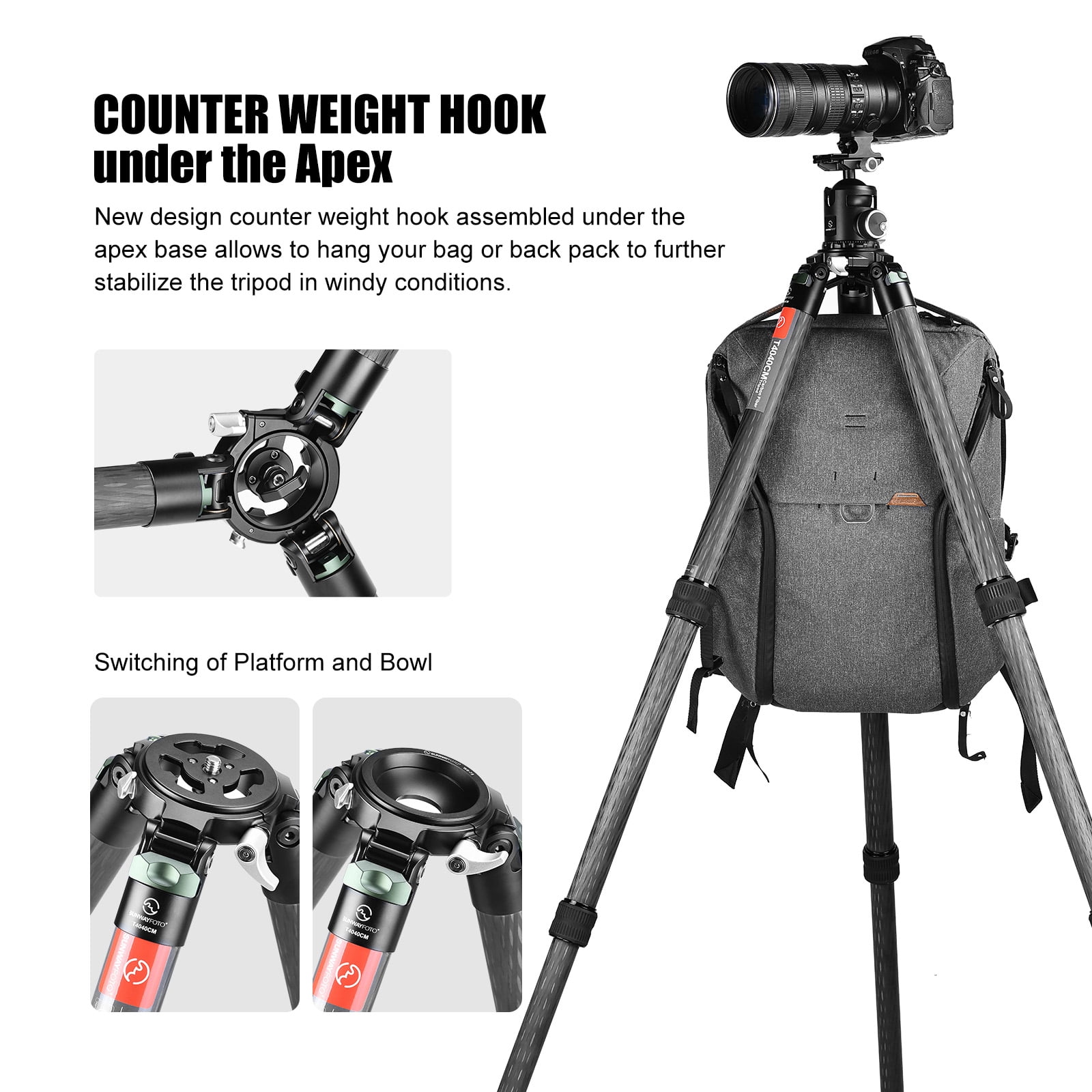 SUNWAYFOTO T4040CM Heavy Duty Carbon Fiber Tripod for Video Camera Photography and Hunting, 4 sections, 88lb(40kg) Load