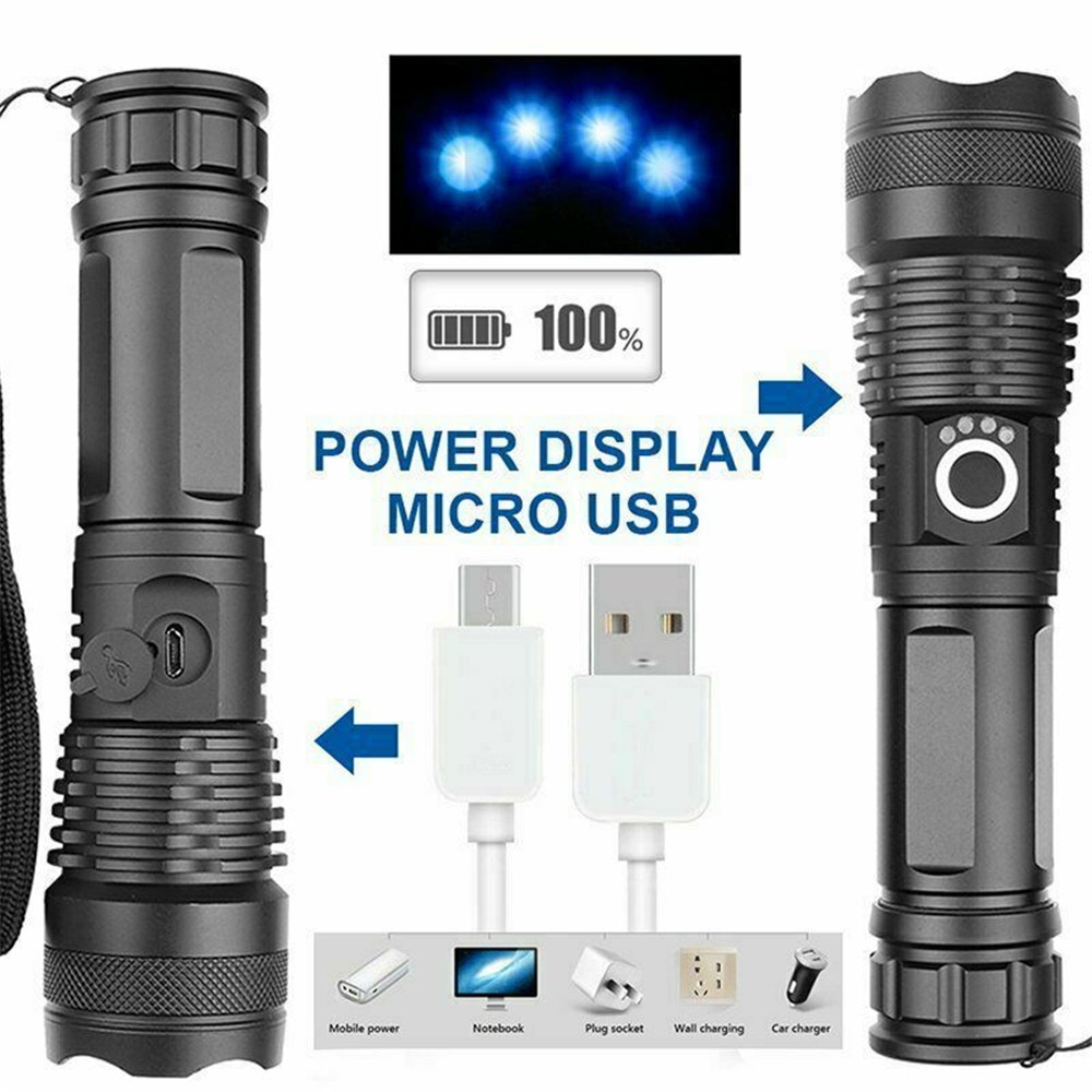 90000 Lumens Powerful Flashlight, USB Rechargeable Waterproof XHP70  Searchlight Super Bright Modes LED Flashlight Zoom Bar Torch for Hiking  Hunting Camping Outdoor Sport (Battery Included)