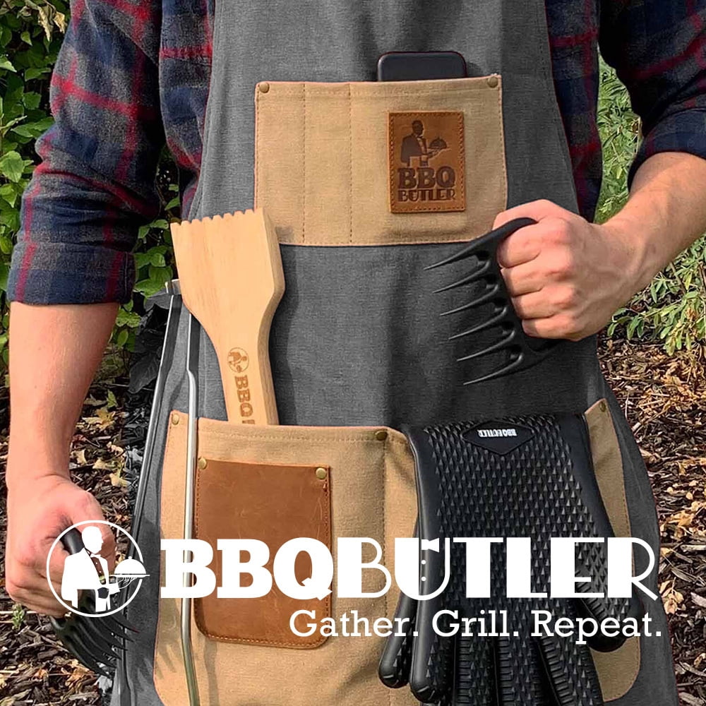 BBQ Butler Grilling Apron - Premium Canvas Apron - Deluxe Leather